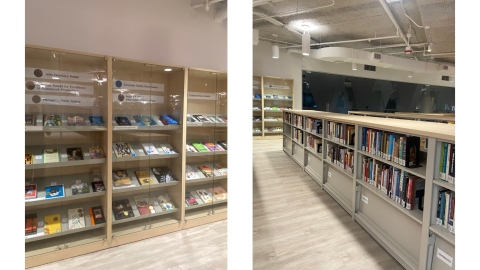 Two pictures side by side; the image on the left shows award-winning books in locked display cases, the image on the right shows rows of low library shelves holding books.