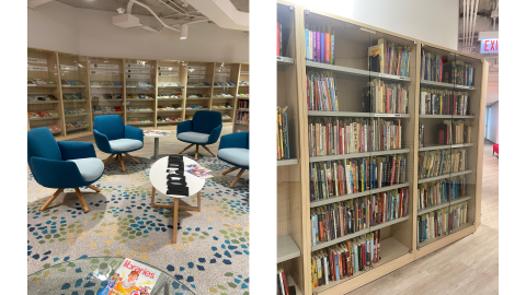 Two pictures side by side; on the left are four blue chairs arranged in a circle around a table with locked bookcases in the background, on the right are two tall, locked bookcases full of books.