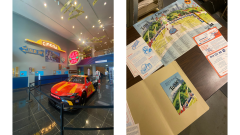 Two pictures side by side. The image on the left shows an orange race car surrounde by black rope barracades. The McDonald's logo is on the hood of the car, and it's in front of neon signs reading "cinema" and "gas for less." The image on the right shows maps and memorabilia from the Taste of Chicago.