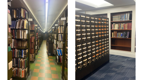 Two pictures side by side; the image on the left shows a long aisle between rows of shelves full of library books. The image on the right shows a library card catalog sitting in front of a bookshelf in the wall. 