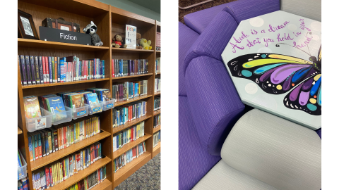 Two pictures side by side; the image on the left is of library shelves full of fiction books. The image on the right is a purple and grey round seating area with an image of a butterfly in the center and reads, "A book is a dream that you hold in your hand."