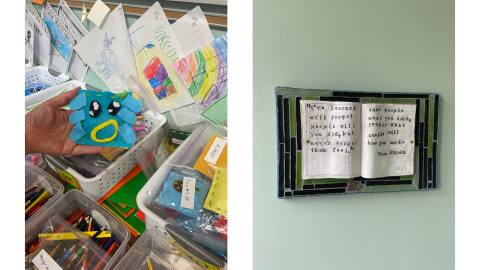 Two pictures side by side; the image on the left shows a hand holding a bright teal blue felt craft with a face above bins of art supplies. The image on the right shows a mosaic of a book hanging on the wall that reads, "I've learned that people will forget what you said, people will forget what you did, but people will never forget how you made them feel." - Maya Angelou