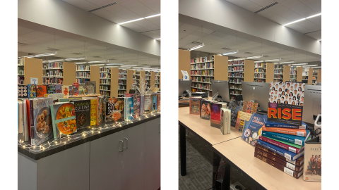 Two pictures side by side; the photo on the left shows rows of tall library bookshelves behind low grey cabinets. On top of the cabinets, cookbooks are displayed standing up. On the right are rows of tall library bookshelves behind shorter tables holding stacks of books and large computer monitors.