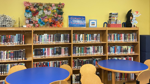 Blue-top round tables and wood chairs in front of four short wood bookshelves of library books. On top are a basket of easels, a display board of tissue paper butterflies, a royal blue sign (unreadable), a book, a basket of DVDs, a black cat, and a cutout of Miss Frizzle.