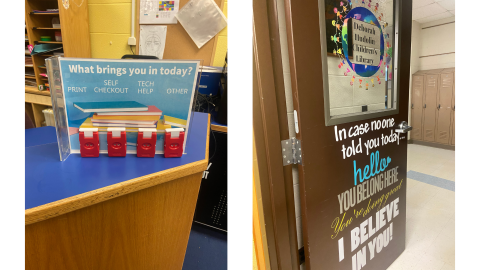 Two pictures side by side; on the left is a blue-top desk with an acrylic sign holder and sign reading, "What brings you in today?" At the bottom of the sign are four red gate counters with white buttons. On the right is an open door with a window at the top. On the door's window is an image of children holding hands around a picture of the Earth which reads, "Deborah Hudolin Children's Library." Below the window, there are words and phrases on the door.