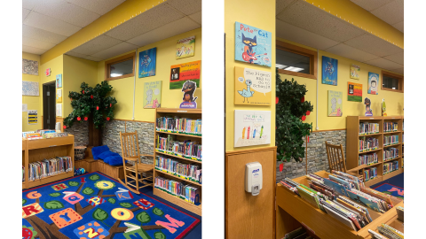 Two pictures side by side. The left shows a library reading corner with an artificial tree, bench, rocking chair and book shelves. The image on the right is of the same area from the other side. 