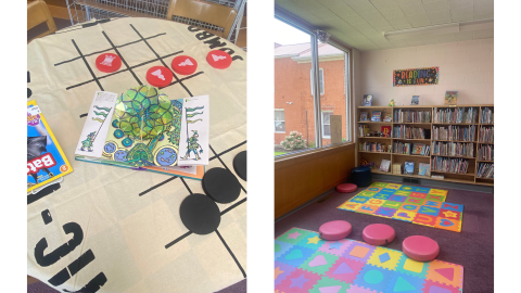 Two images side by side: on the left, a table covered by a large, cloth tic-tac-toe board with red and black circle game markers and an open book sits in the center of the table, on the rights is a children's reading area with bright colored foam mats on the floor and shelves of books on along the wall. A poster above the shelves reads, "Reading is Fun."