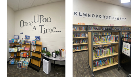 Two pictures side by side; the left pictures shows a corner with three small racks of books, and on the wall above the racks are the words, "Once Upon a Time..." On the right are library book shelves along a wall with genre headings at the top. The letters K through Z are on the wall above them.