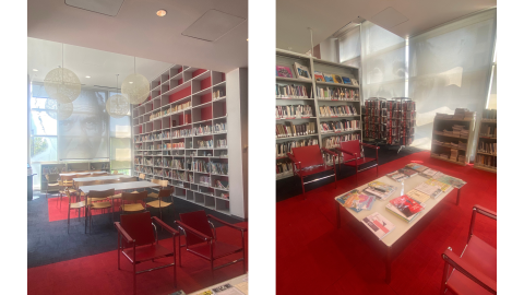 Two pictures side by side; the image on the left is of tables and chairs to the left of library shelves. An image of a man is in the windows beyond the tables.