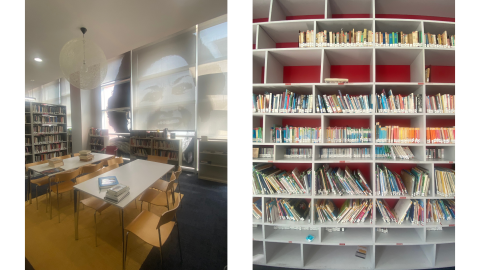 Two pictures side by side; the image on the left is of two tables and chairs to the right foreground of library shelves. There is an image of a woman's face in the windows beyond the low shelves.