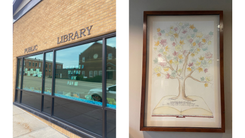 Two images side by side: on the left is the front of the Lanark Public Library, a brown brick building with windows, on the right is a framed illustration of a tree with colored leaves sitting on top of an open book. The leaves represent the Friends of the Lanark Public Library and the book is for the Lindsay Family Library Endowment Fund