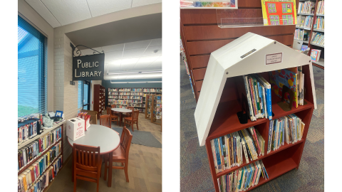 Two images side by side: on the left is a round table with chairs next to a wall; in front of and behind the table are bookshelves full of books, and above the table is a sign reading, "Public Library." On the right is a red barn-shaped bookshelf with a white roof holding picture books; the barn sits at the end of a row of bookshelves.