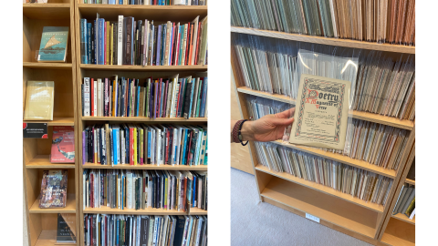 Two pictures side by side; the image on the left shows a library shelf display. The image on the right shows a hand holding a poetry book.