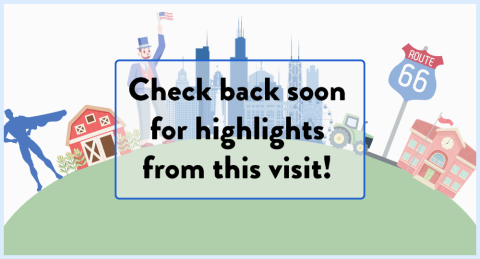 Placeholder for site visit images; a grassy mound with Illinois icons sitting on top, displaying the text "Check back soon for highlights friom this visit!" in black.