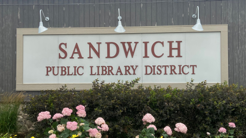 A white sign with rust-colored letters reading "Sandwich Public Library District" are framed by light beige wood and hang on a dark gray wood slat wall. Three white lights are mounted above the sign, and there are pink flowers and landscape below. 