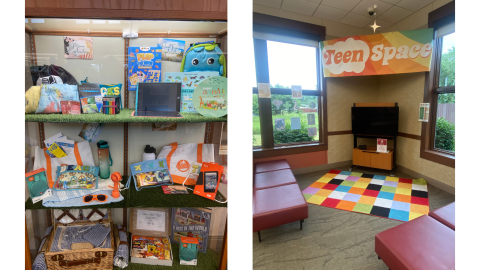 Two images side by side; on the left is a display case holding children's books, beach, and picnic items advertising the summer reading program. On the right is a seating area with a colorful, geometric rug, a television in the corner, and red benches. There's a rainbow banner on the wall that reads "Teen Space."