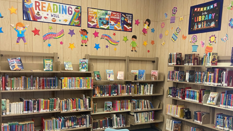 Bookshelves full of childrens books against a light brown woodslat wall. Above the shelves are banners and posters promoting libraries as well as brightly colored stars and flowers. 