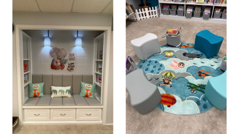 Two images side by side: on the left is a built in reading nook with a bench and pillows between two bookshelves facing in; on the right is a round rug with pictures of airplanes and parachutes surrounded by four soft, upholstered stools. Books are in a shelf in the background.