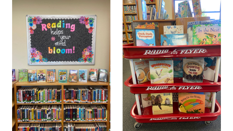 Two pictures side by side. On the left is a low bookshelf with books displayed in easels on top. Above the shelf is a bulletin board display with the words, "Reading helps your mind bloom." On the right is a three-tier Radio Flyer wagon displaying children's books.