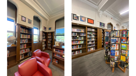 Two pictures sice by side. The image on the left shows shelves of library books set into the wall and capped by archways. On the right are spinning racks of books in front of wooden bookshelves set into the wall. 