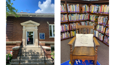 Two images side by side; on the left is the front door to the Warren Township Public Library with eight concrete steps leading up to an ivory cement front doorway set in a red brick building. On the right is a wooden rocking chair in front of book shelves full of picture books. On the chair is a pillow reading "Warren Township Public Library."