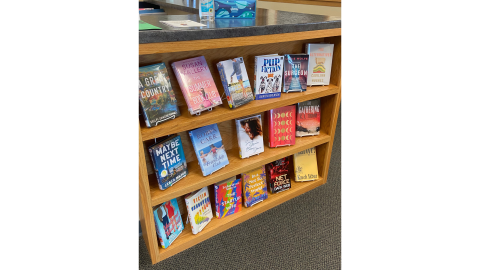 A built-in bookshelf under a dark gray granite countertop. The bookshelf holds three shelves of adult library books in easels.