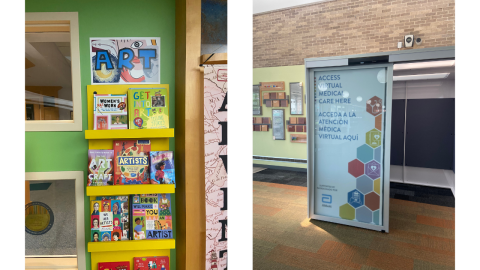 Two adjacent pictures; the picture on the left shows a yellow bookshelf display of books about artists with a poster and the word "ART" above it. The photo on the right shows a medical care kiosk reading "Access Virtual Medical Care Here. Acceda a la atencion medica virtual aqui." 