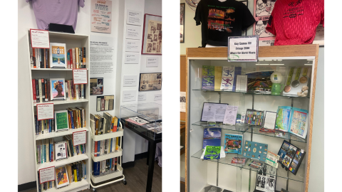 Two adjacent photos of shelf displays; on the left, the display shows books in a white shelf labeled with staff reading picks, on the right is a glass-enclosed display with memorabilia from the Gay Games VII in Chicago in 2006. A sign reads, "Gay Games VII, Chicago 2006, Where the World Meets." 