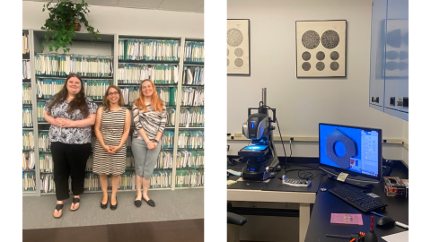 Two adjacent pictures: on the left, three women stand in front of shelves of hanging file folders; on the right, a microscope sits on a black table, it displays an image of a component on a monitor next to it. On the wall behind the table, framed pictures of microscopic scans hang. 