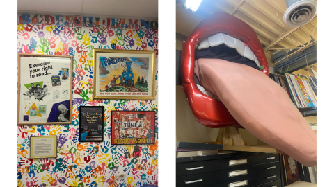 Two adjacent pictures: on the left, a wall covered in bright colored hand prints with a bright colored alphabet border at the top. On the wall are 5 framed pieces of art promoting reading. On the right, a picture shows a pair of giant red lips around an open mouth hanging on a wall, a long pink tongue extends from the mouth. Below the lips is a black file cabinet. 