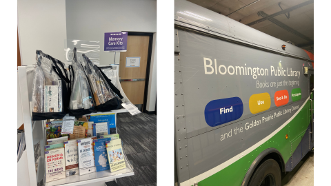 Two pictures side by side: the left is a shelf display of memory care items ready for checkout by library patrons;  the right is the Bloomington Public Library's grey bookmobile with their name on the side and the words, "Books are just the beginning, Find, Use, See & Do, Participate." 