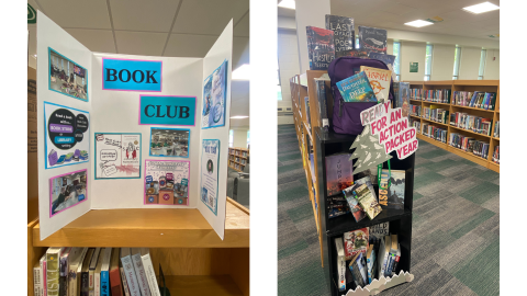 Two pictures side by side: on the left, a white, tri-fold display board displays images and posters advertising the library's book club; on the right, an endcap book shelf displays action and adventure books with a sign reading "Ready for an action packed year."