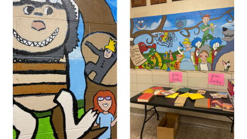 Two pictures side by side: on the left, a painted mural of a scene from the book Where the WIld Things Are; on the right, a mural painted on the wall depicting many popular characters from children's literacture. Below the mural is a table holding books, and two pink signs read, "Free books."