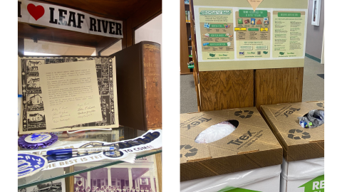 Two pictures side by side: on the left, a display case holds historic artifacts from the founding of the Friends of the Bertolet Memorial Library District; on the right is the library's plastic grocery bag recycling center which sits at the end of two bookshelves. A sign displaying facts about recycling and information hangs on the bookshelves above two carboard collection bins. 