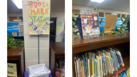 Two pictures side by side: on the left, a bookmark station is identified by a yellow sign hanging on a cement block pillar, below the sign is a white bin holding paper bookmarks. On the right is a wooden bookshelf holding library books, and on top of the shelf is an art print showing people using a library that reads, "When in doubt, go to the library."