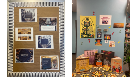 Two pictures side by side: on the left, a bulletin board display shows six images of libraries featuring inspirational quotes about libraries; on the right, a table is covered in a brown, orange, yellow, and cream floral cloth and holds a gospel music display featuring books and vinyl records. On the blue wall behind the table are various signs and pictures celebrating National Gospel Music Heritage Month.