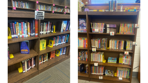 Two pictures side by side: on the left, a floor-to-ceiling bookshelf displays award-winning books; on the right, a short bookshelf below a windwo holds children's early readers and chapter books.