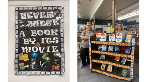 Two pictures side by side: on the left, a black sign with filmstrip border that reads, "Never judge a book by its movie" with pictures of various book covers at the bottom; on the right, two A-C Central librarians stand behind a black bookcart featuring a display for the Rebecca Caudill Young Readers' Book Award program. Signs on the top shelf look like cookie jars and read, "Cookies For Caudill," and Caudill program books are displayed on the shelves.