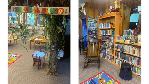 Two pictures side by side: on the left, the entrance to the children's section features a wood sign hanging from the ceiling that reads "The Children's Library" in bright 3-D bubble letters and a post decorated to look like a weeping willow tree. Vines hang over the entrance to the space, and you can see tables, chairs, and shelves of children's books through the vines. On the right, bookshelves line a wall in a reading corner, complete with a wooden rocking chair. 