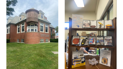 Two pictures side by side: on the left, the outside of the Cambridge Public Library, a red brick building with a turret on the corner; on the right, a bookcase displaying the library's "Library of Things," which includes crafts items, sports equipment, and magnifiers. 