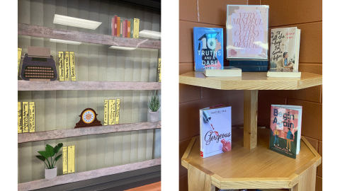 Two pictures side by side: on the left, a window in the library is decorated with cutouts to mimic wooden shelves holding various objects like books with titles handwritten on the spine, a typewriter, a mantle clock, and potted plants; on the right, is a bookshelf in a corner holding various books and a sign that reads, "Very Mindful, Very Cutesy, Very Demure."