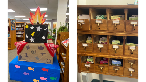 Two images side by side: on the right, repurposed library card catalog drawers hold seed packets in the seed library; on the left is a tower of three boxes gradually decreasing in size, is decorated in fun underwater, western, and space themes with a red, orange, yellow, and white flame on top to indicate an explosion. 