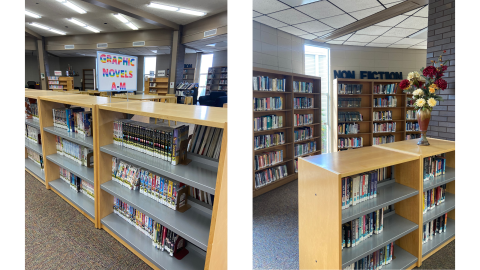 Two pictures side by side: on the left, low bookshelves containing graphic novels, with a sign on top that reads "Graphic Novels, A-M" in rainbow striped letters; on the right, two rows of bookshelves full of books, and above one bookshelf  against a wall are black letters that spell, "Non Fiction." A vase of flowers sits on top of a low bookcase. 