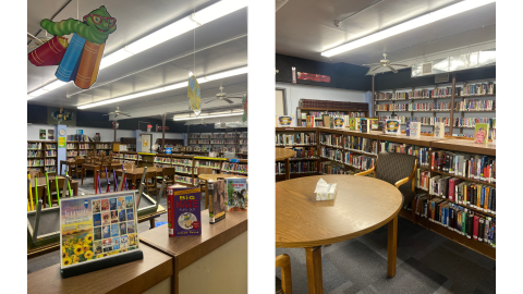 Two pictures side by side: on the left, a view of the library space shows bookshelves lining the back and right-side walls, with tables and chairs in the center, and large animations hanging from the ceiling; on the right, a closer view of the corner of the library space shows a round table and chair sitting in front of a low bookshelf with books displayed on top. The bookshelves along the walls are behind the low bookcase. 