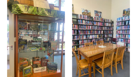 Two pictures side by side: on the left, a glass-front display case features books about animals, the environment, and environmental intiatives with the words, "Read, Renew, Repeat"; on the right, a table and chairs sit in front of two full-height bookcases in a corner of the library.  