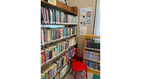 A bookcase holding books sits along a wall on the left side, and a small, red, wooden chair sits in front of it. To the right of the chair, along a wall with windows, sits a short bookshelf holding books. There's a poster featuring characters from Charles Schulz's comic Peanuts hanging on the wall above the bookshelf that reads, " Treat yourself to a good book."