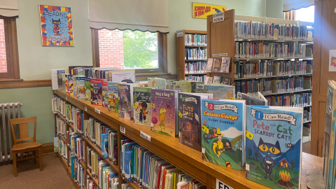 The juvenile fiction section of the library, with three tall bookshelves of books behind a low bookcase. The low bookcase features children's picture books standing on top. On the wall are two signs: one shows a picture of the children's book character Pete the Cat and reads, "Reading Rocks," while the other is superhero themed and partially hidden except for the words, "Knowledge is Real Power."