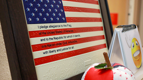 A framed American flag with the words of the Pledge of Allegiance written in both text and braille. 