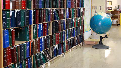 A tall bookshelf lined with books next to a large globe. 