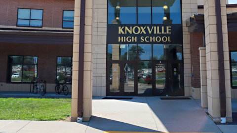 The exterior of the Knoxville High School building entrance. 